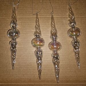 Hand Blown Elegant Glass Icicle Finial Christmas Ornaments Iridescent Set Of 4